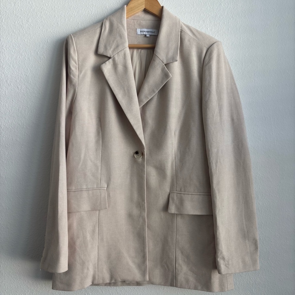WeWoreWhat Tweed Relaxed Single Breasted Oversized Blazer Jacket Beige Small - Picture 2 of 13